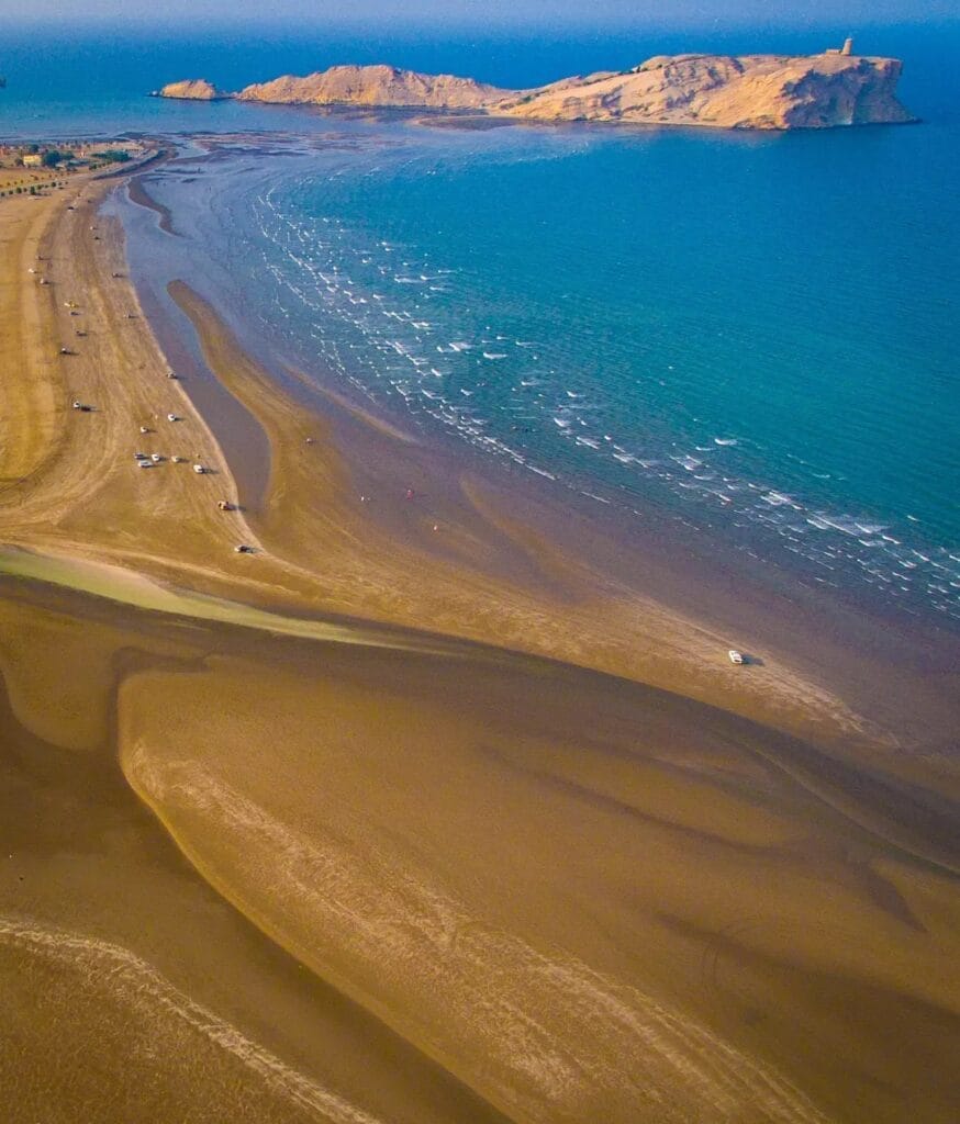 Aerial view of Al Sawadi Beach and rocky islands off the Barka coast