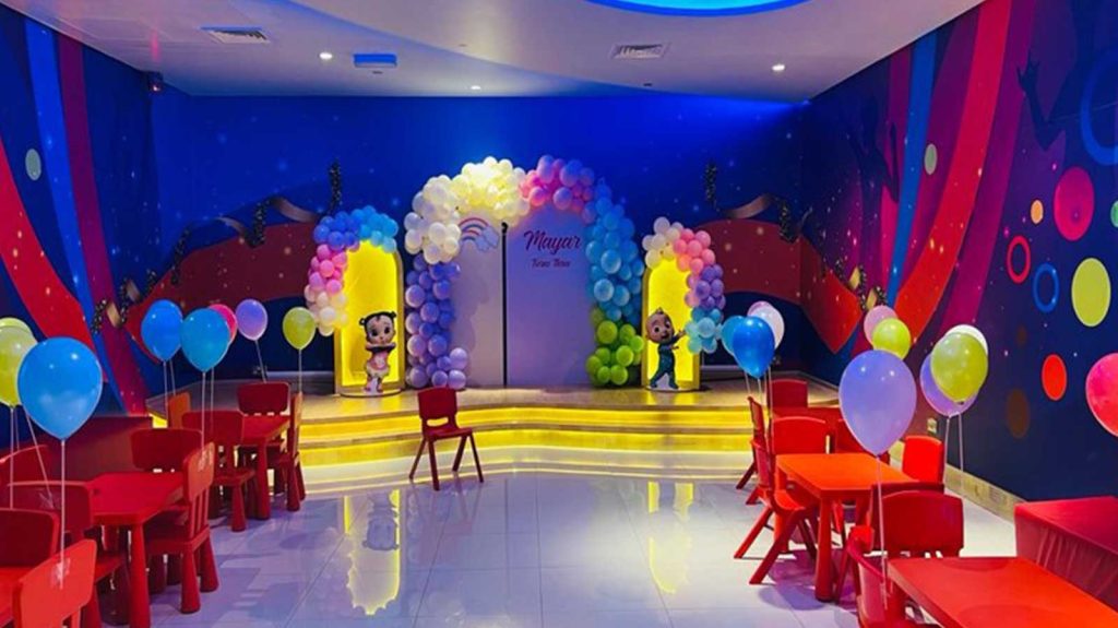 Party area at Fabyland, Mall of Muscat, decorated with balloons