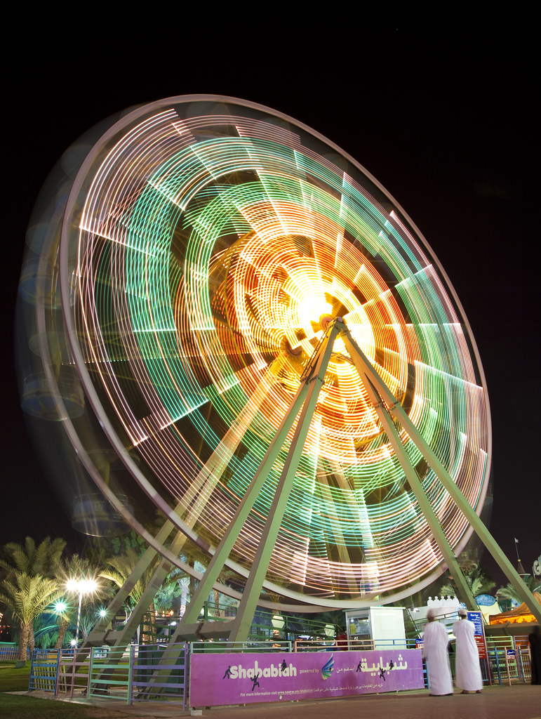 The Ferris wheel spinning at night at Marah Land, Muscat