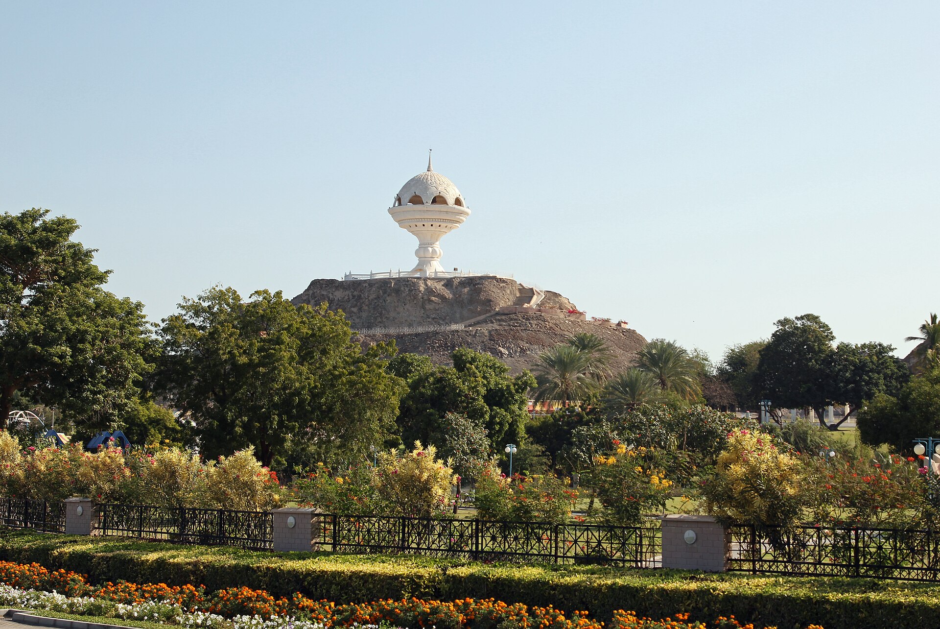 The giant white incense burner monument at Riyam Park